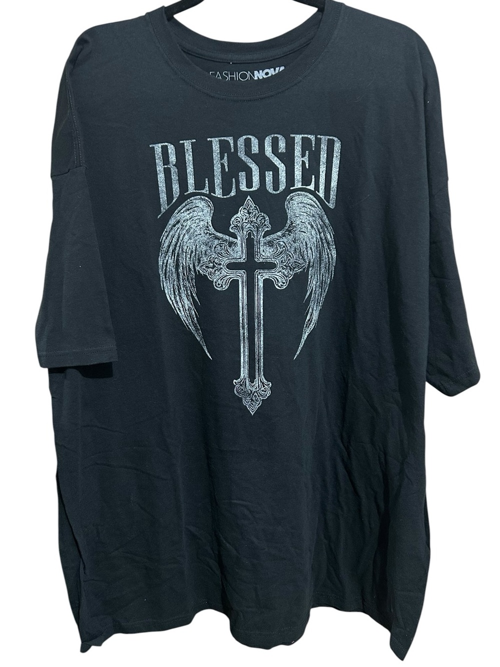 Fashion Nova Black Graphic 'Blessed' Tee with Winged Cross